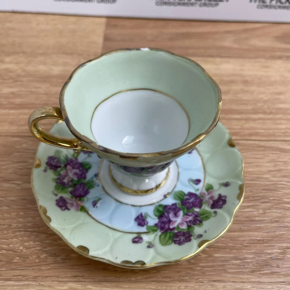 Lefton China 124 Hand Painted Violets Teacup and Saucer Set Gold Trim Mint Green